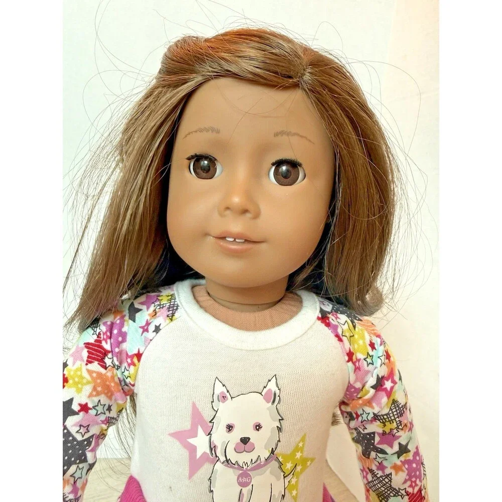 American Girl Truly Me 59 Doll 18” Brown Hair Eyes in Coconut the pup PJs Set
